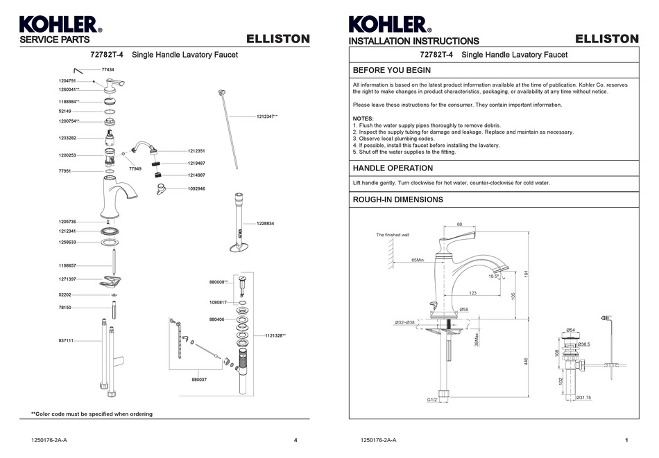KOHLER ELLISTON 72782T-4 INSTALLATION INSTRUCTIONS Pdf Download