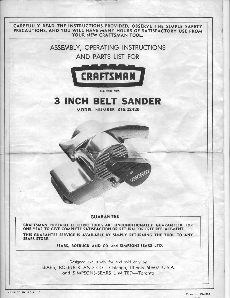 craftsman belt sander model 315 manual