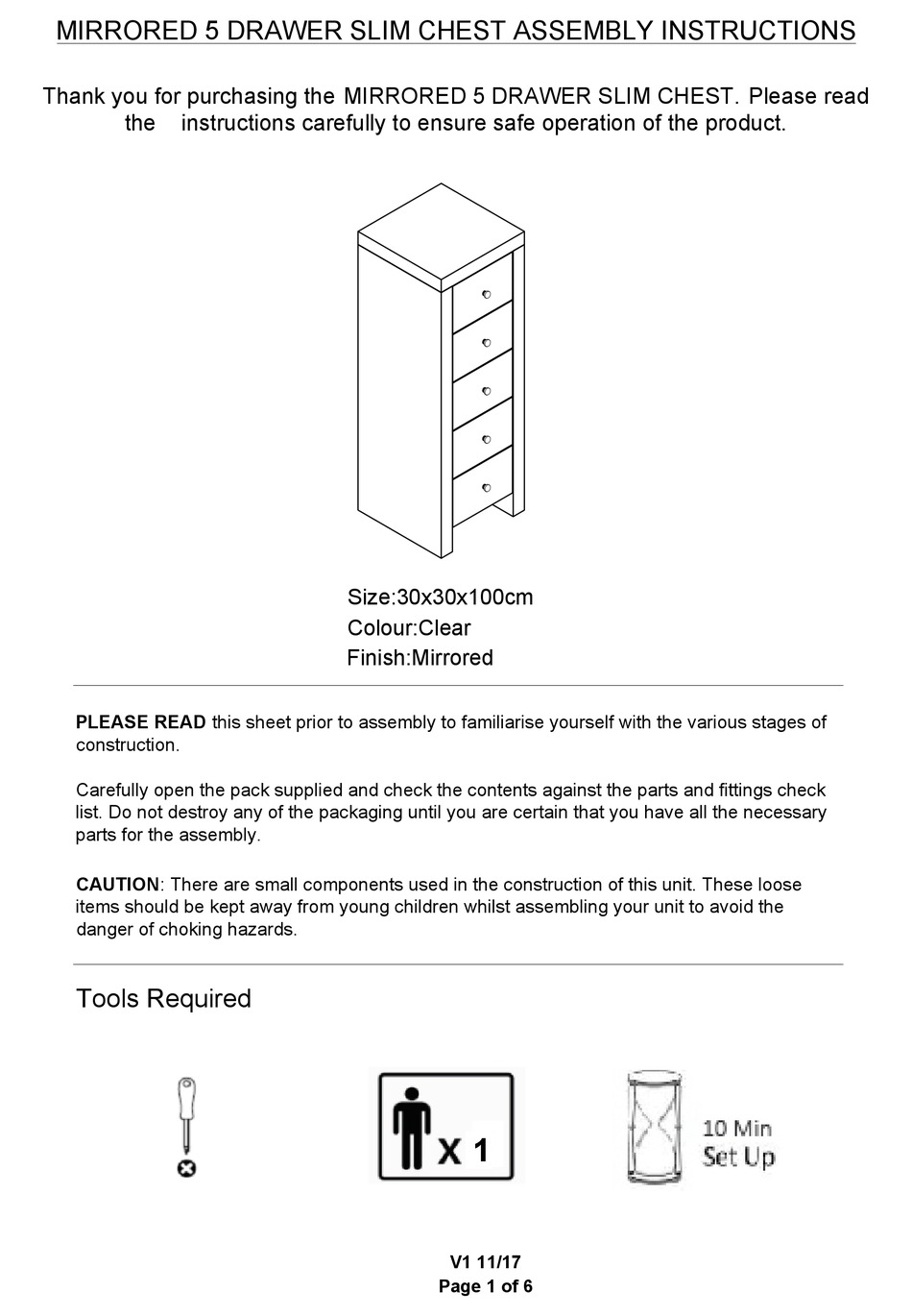 BIG FURNITURE WAREHOUSE MIRRORED 5 DRAWER SLIM CHEST ASSEMBLY