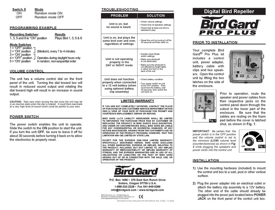 BIRD GARD PRO PLUS INSTRUCTIONS Pdf Download ManualsLib
