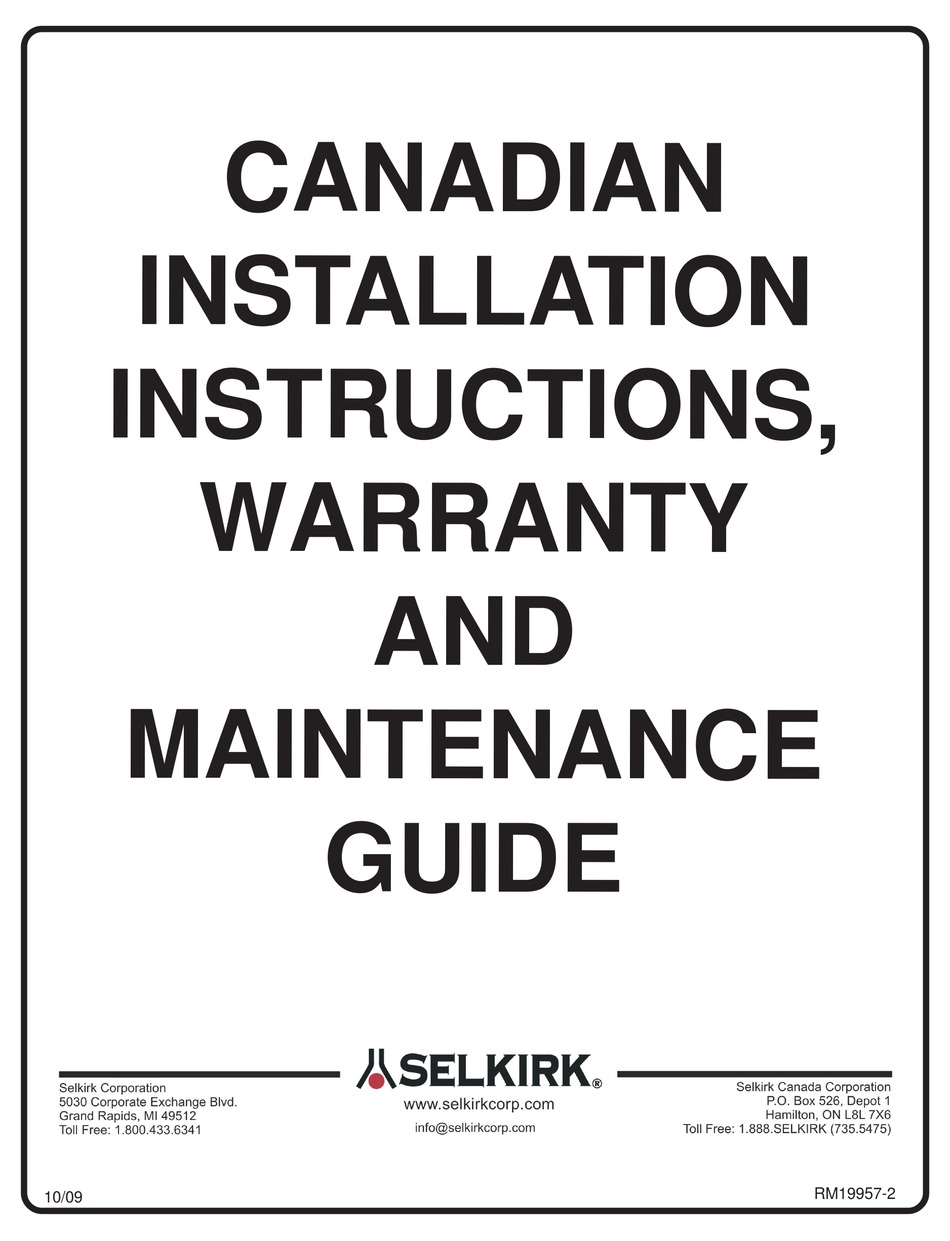 SELKIRK FC INSTALLATION INSTRUCTIONS, WARRANTY AND MAINTENANCE MANUAL