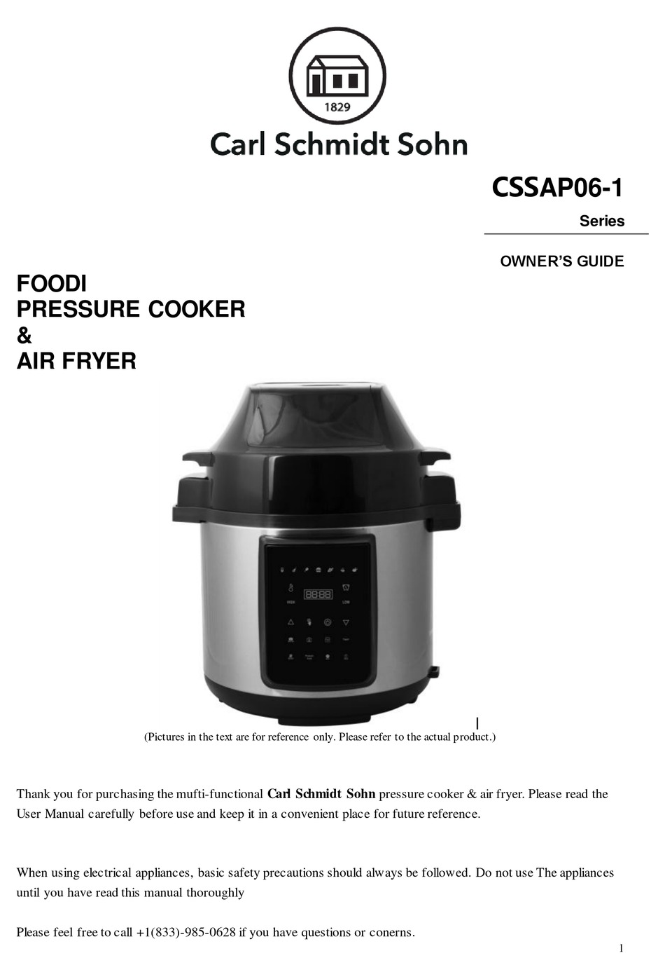 CS-CSSAP-02 1500W CARL SCHMIDT SOHN LED 6Qt Pressure Cooker & Air Fryer  Combo