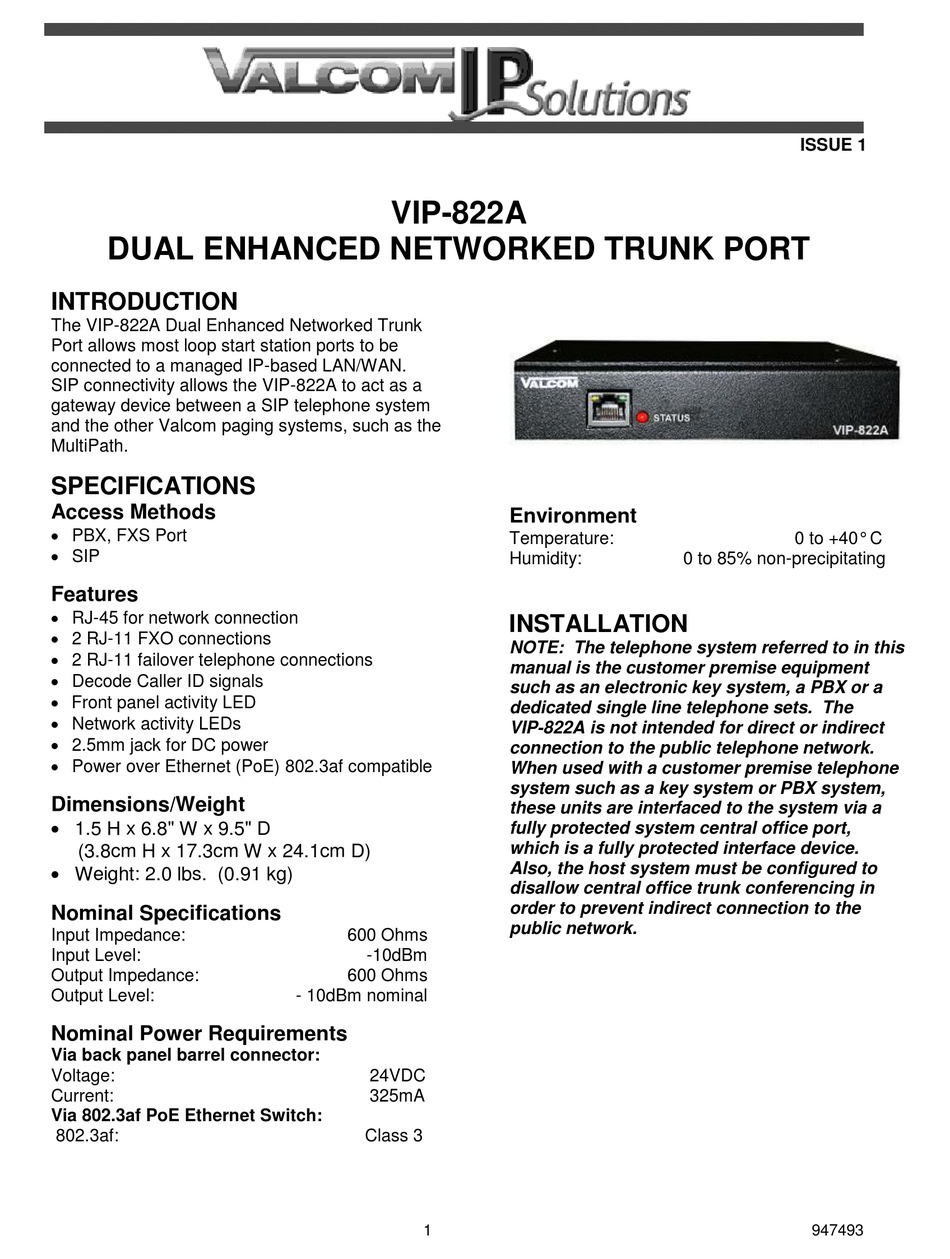 VALCOM VIP-822A QUICK START MANUAL Pdf Download | ManualsLib