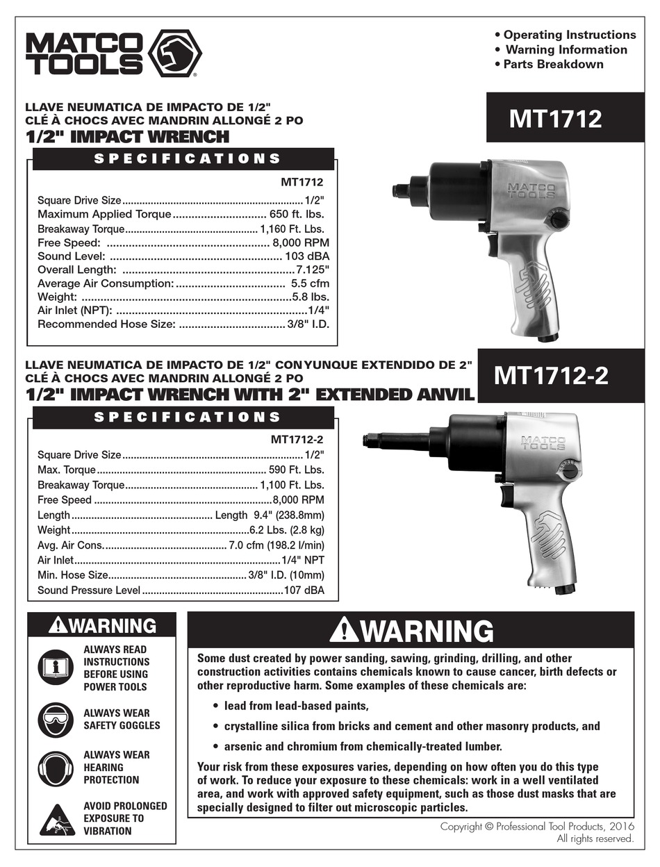 MATCO TOOLS MT1712 OPERATING INSTRUCTIONS, WARNING INFORMATION, PARTS