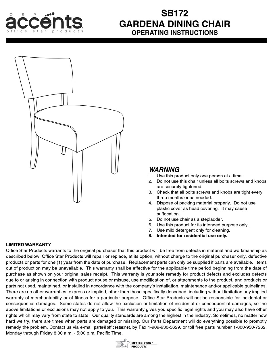 OFFICE STAR PRODUCTS OSP ACCENTS GARDENA DINING CHAIR SB172 OPERATING