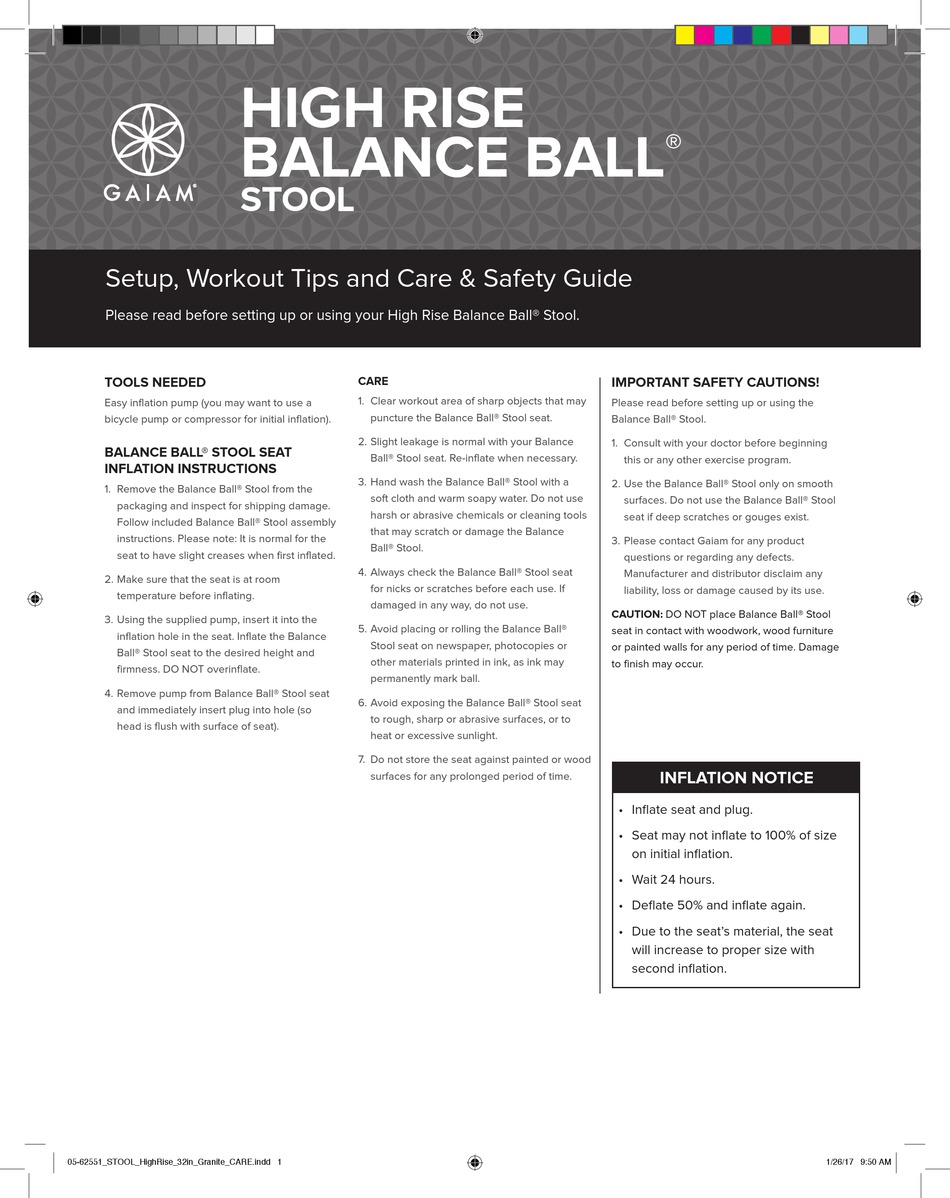 GAIAM BALANCE BALL 056255 SETUP, WORKOUT TIPS AND CARE & SAFETY MANUAL