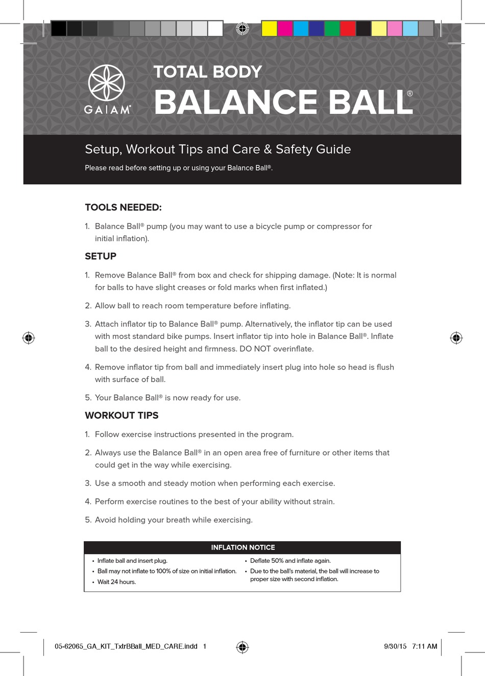 GAIAM BALANCE BALL SETUP, WORKOUT TIPS AND CARE & SAFETY MANUAL Pdf