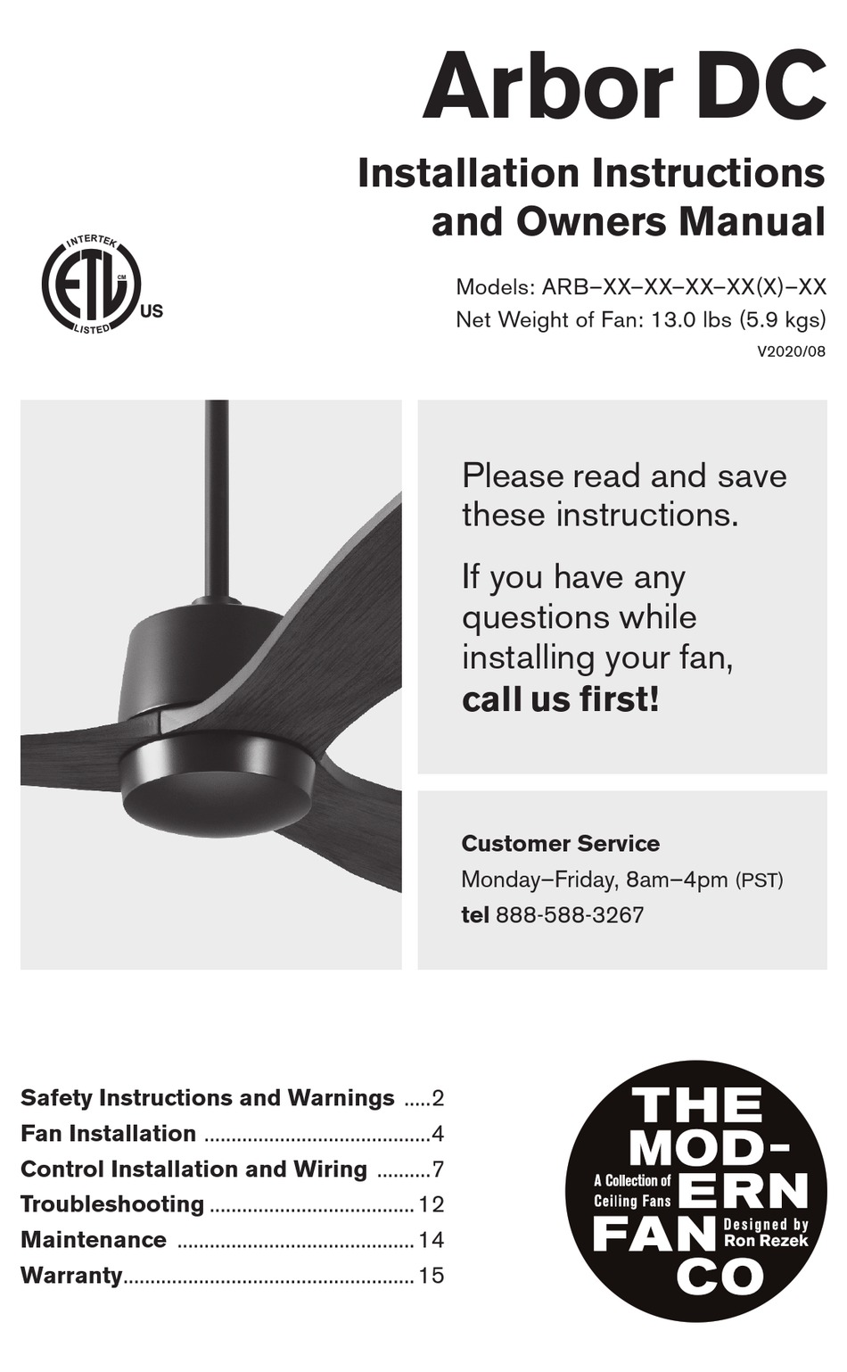 MODERN FAN CO ARBOR DC SERIES 