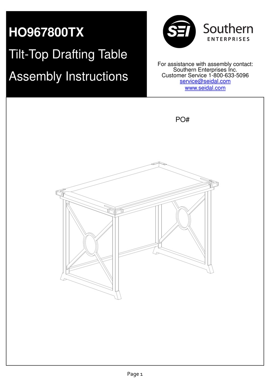 SEI TILTTOP DRAFTING TABLE HO967800TX ASSEMBLY INSTRUCTIONS MANUAL Pdf