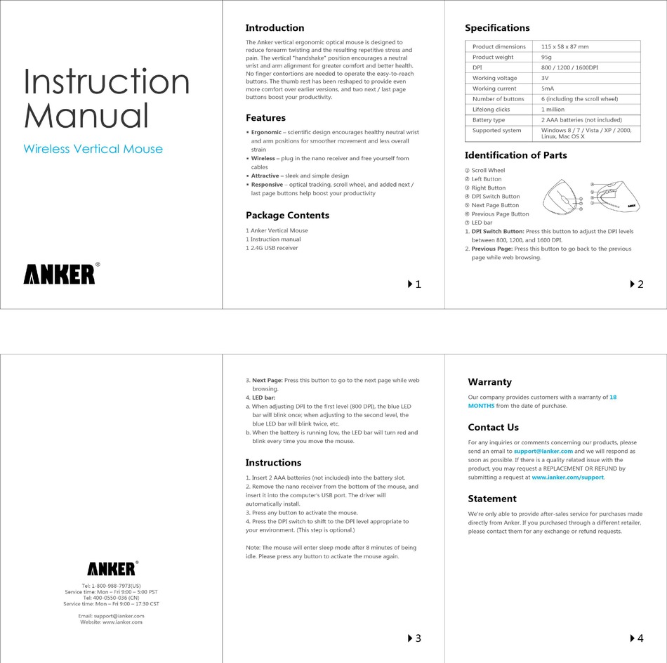 ANKER WIRELESS VERTICAL MOUSE INSTRUCTION MANUAL Pdf Download | ManualsLib