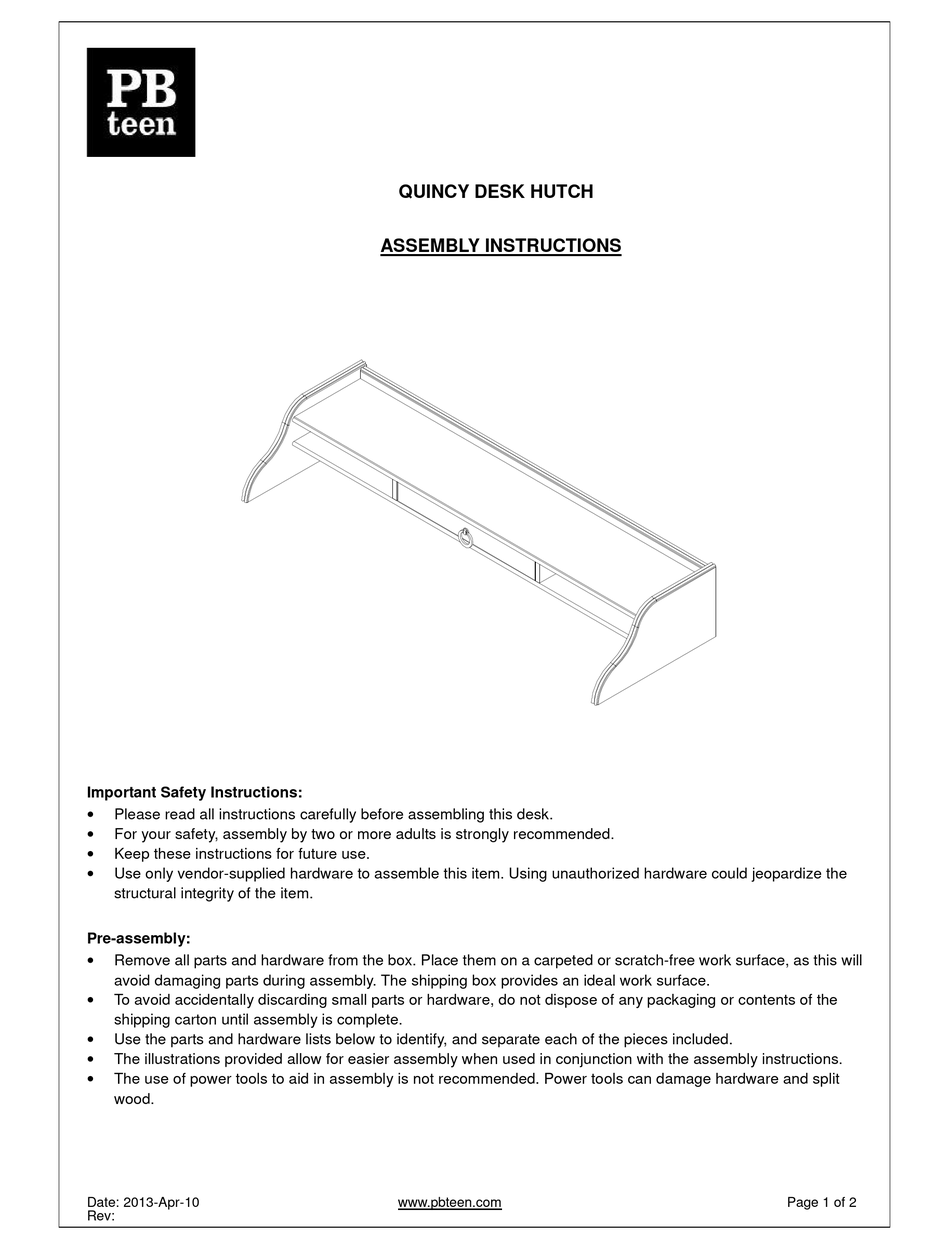 PB TEEN QUINCY DESK HUTCH ASSEMBLY INSTRUCTIONS Pdf Download ManualsLib