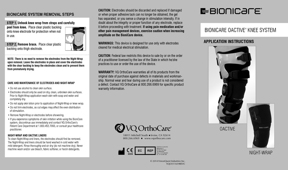 VQ ORTHOCARE BIONICARE OACTIVE APPLICATION INSTRUCTIONS Pdf Download