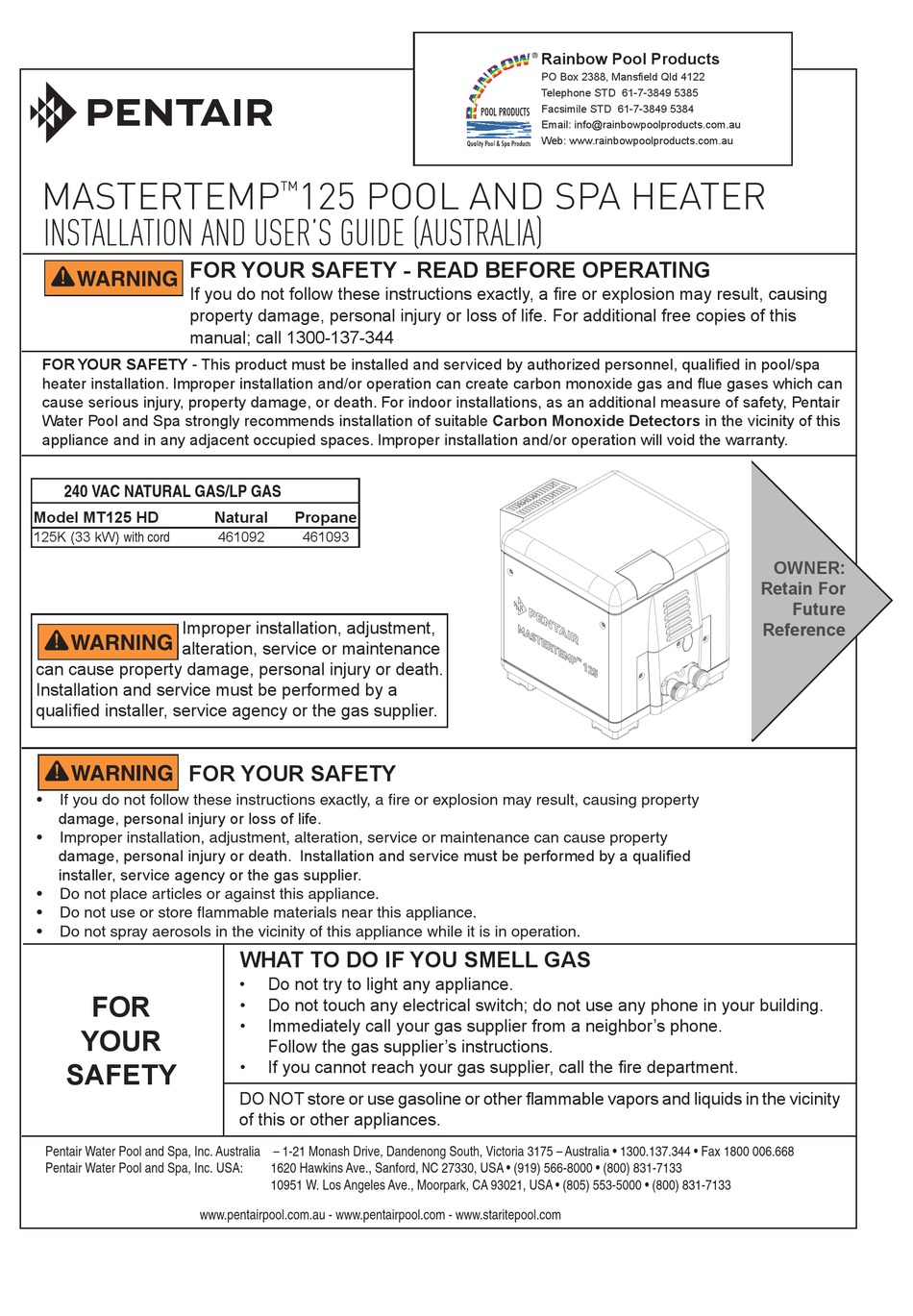 PENTAIR MASTERTEMP 125 INSTALLATION AND USER MANUAL Pdf Download