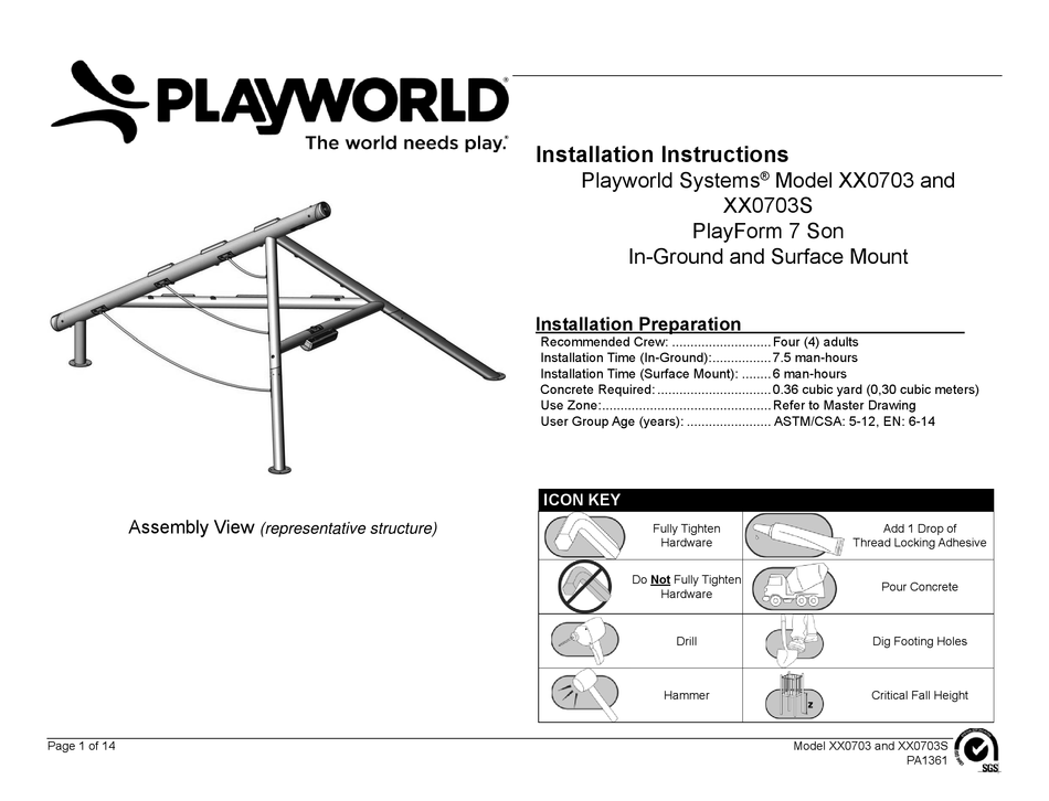 PLAYWORLD SYSTEMS PLAYFORM 7 SON INSTALLATION INSTRUCTIONS MANUAL Pdf