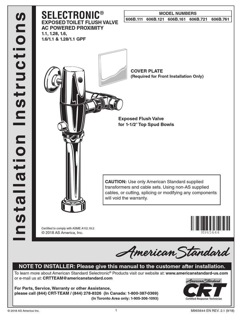 AMERICAN STANDARD SELECTRONIC 606B.111 INSTALLATION INSTRUCTIONS MANUAL