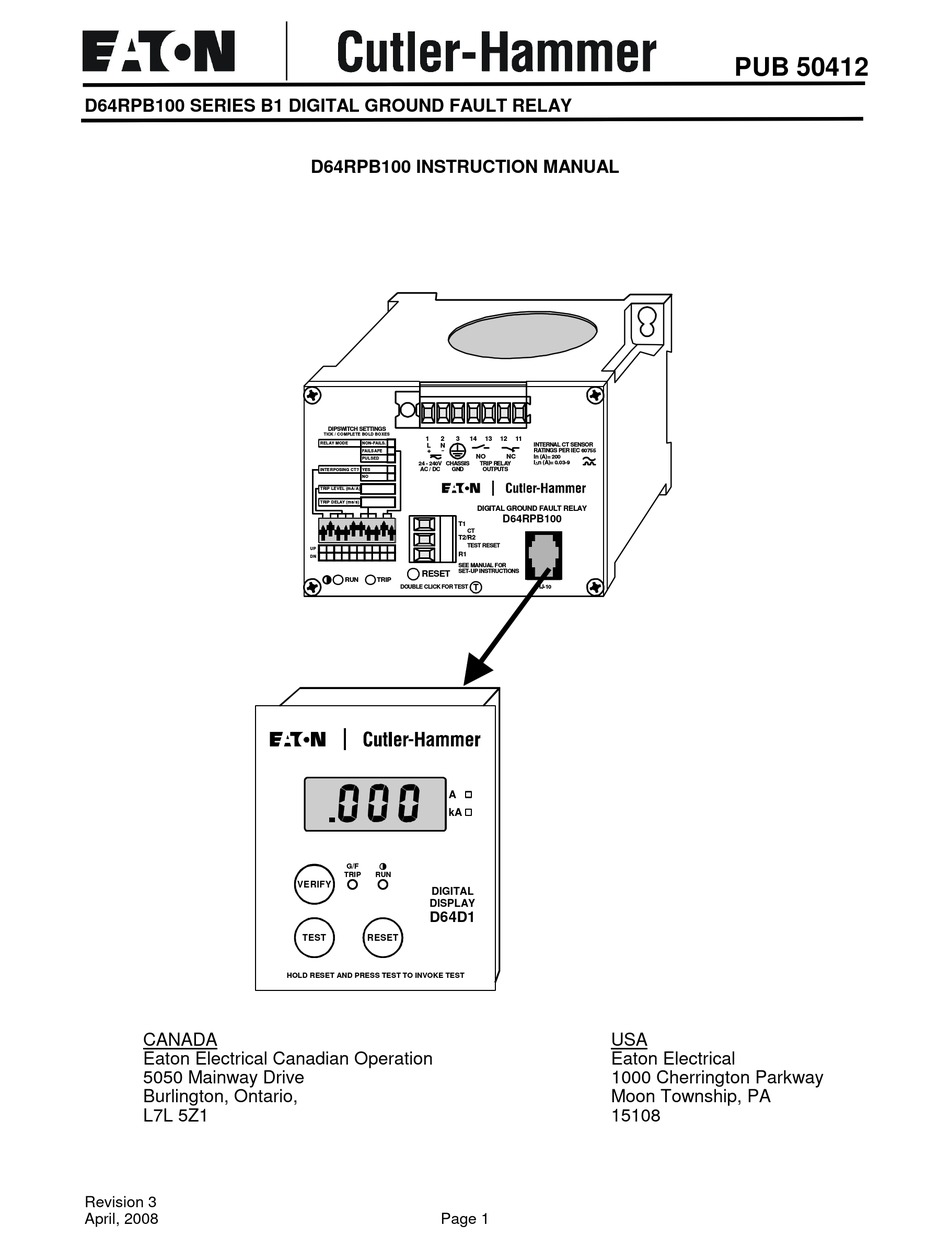 EATON CUTLERHAMMER D64RPB100 SERIES INSTRUCTION MANUAL Pdf Download