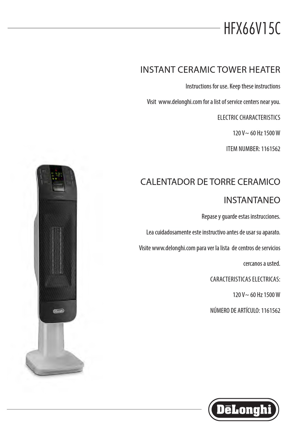 DELONGHI HFX66V15C INSTRUCTIONS FOR USE 