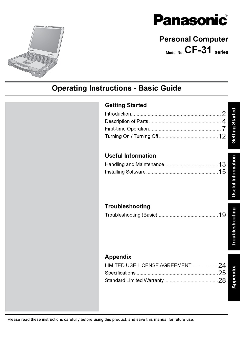 PANASONIC CF31 SERIES OPERATING INSTRUCTIONS MANUAL Pdf Download