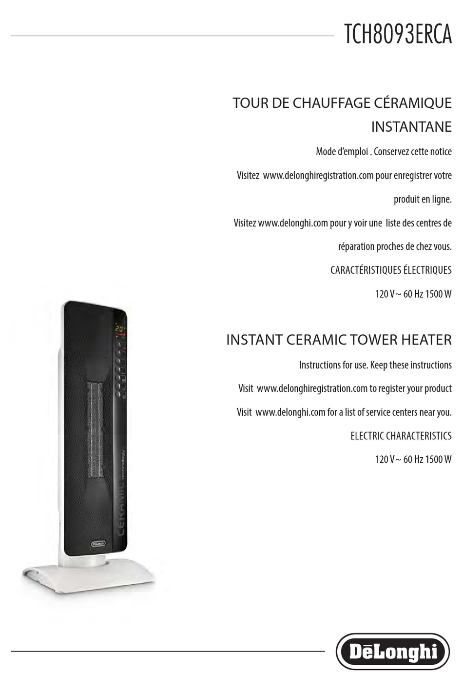 DELONGHI TCH8093ERCA INSTRUCTIONS FOR 