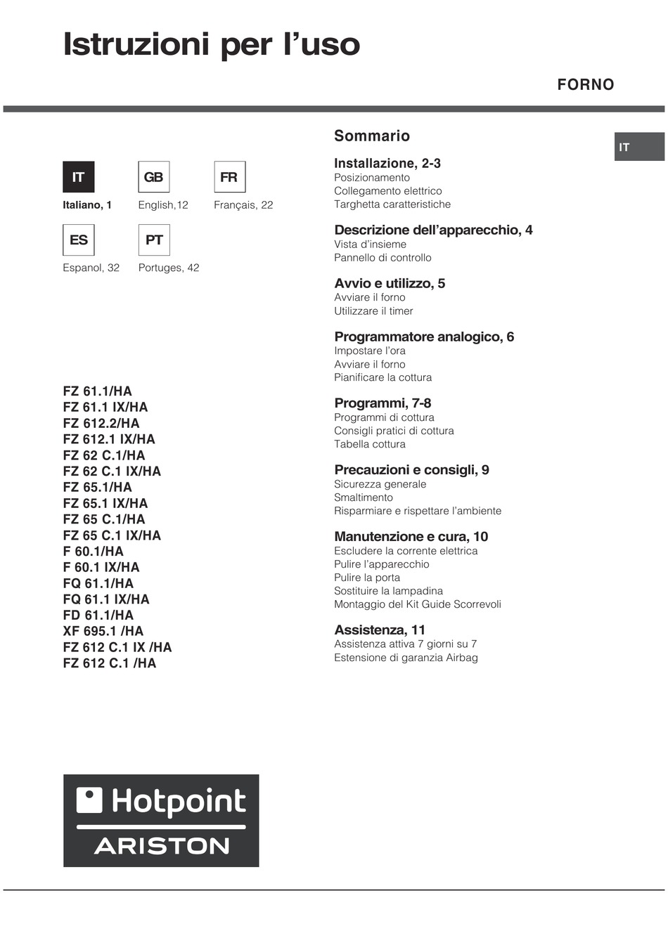 HOTPOINT ARISTON FZ 61.1/HA OPERATING INSTRUCTIONS MANUAL Pdf Download |  ManualsLib