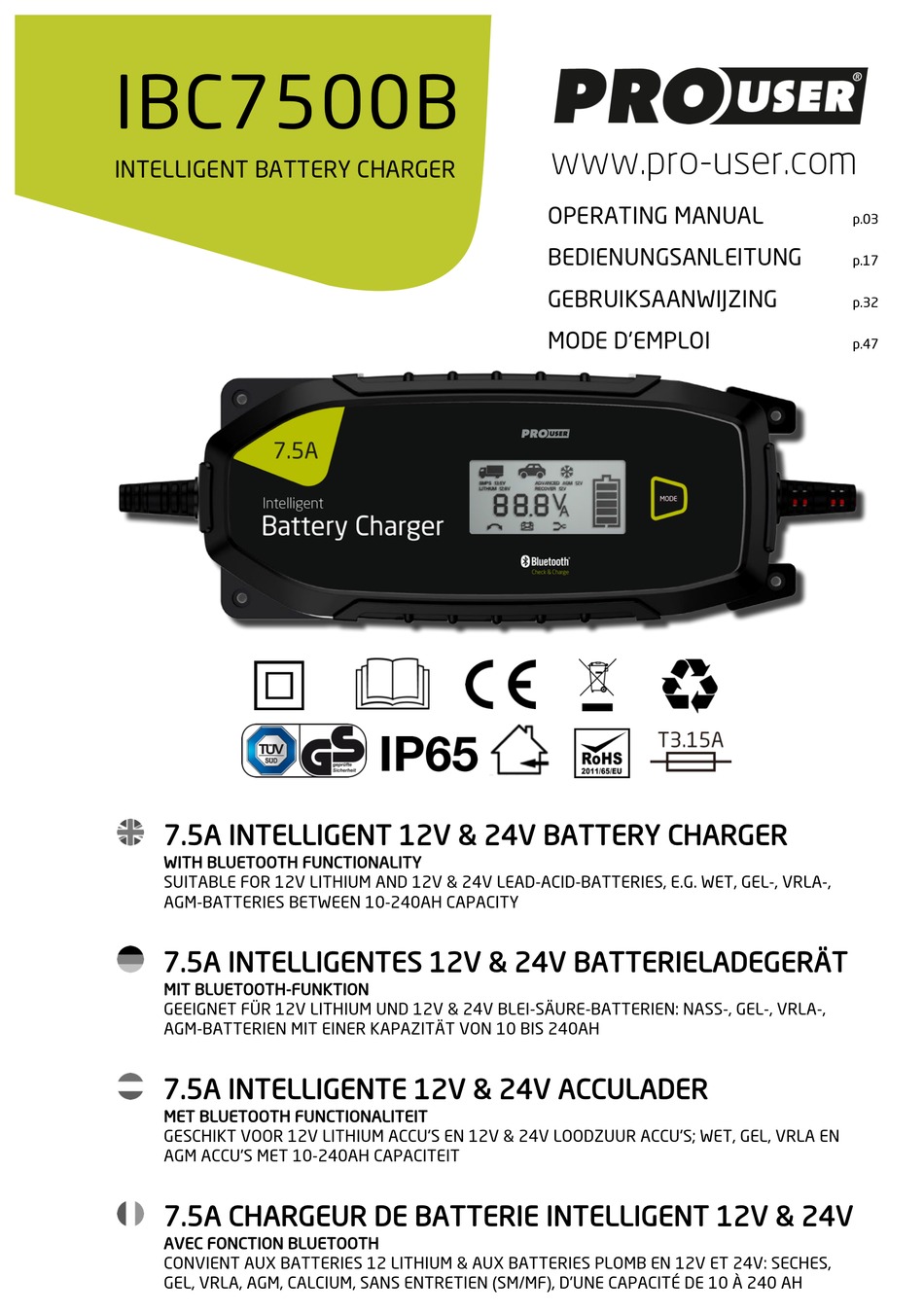 ProUser IBC7500B 12V 24V intelligentes Batterieladegerät 10-240Ah Bluetooth App 