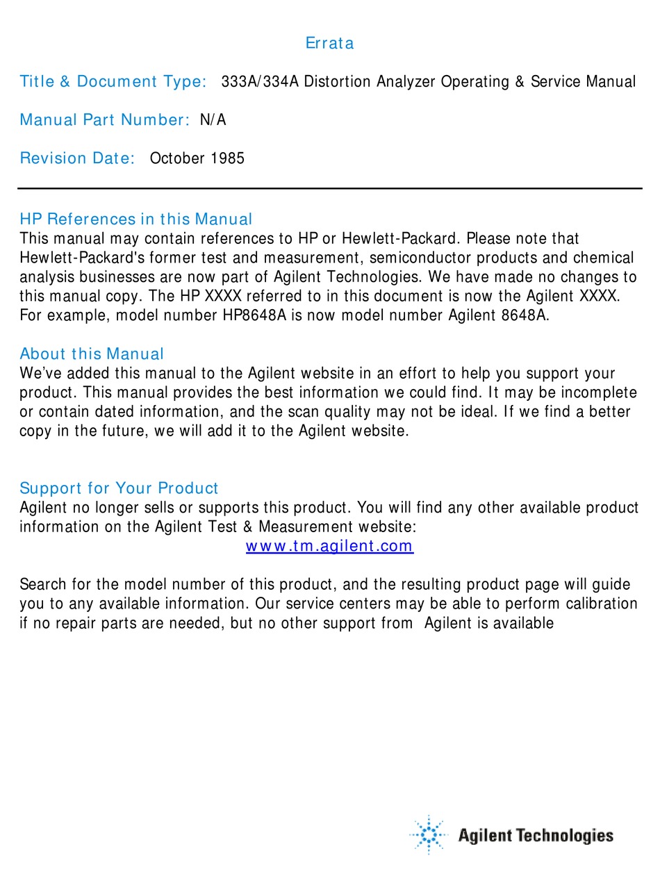 HP Hewlett Packard 333A 334A Distortion Analyz Ops & Service Manual w/Schematics 