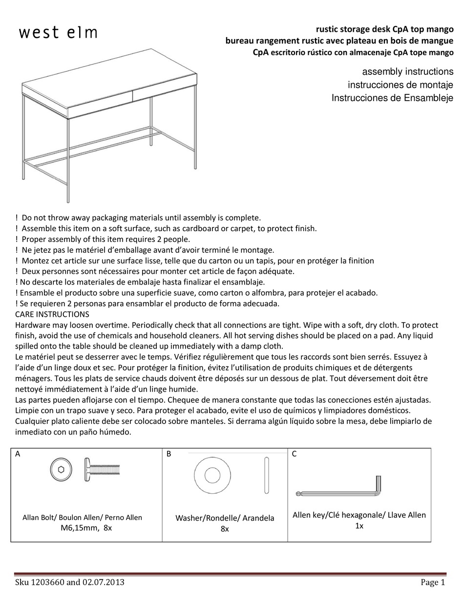 WEST ELM RUSTIC STORAGE DESK CPA TOP MANGO 1203660 ASSEMBLY