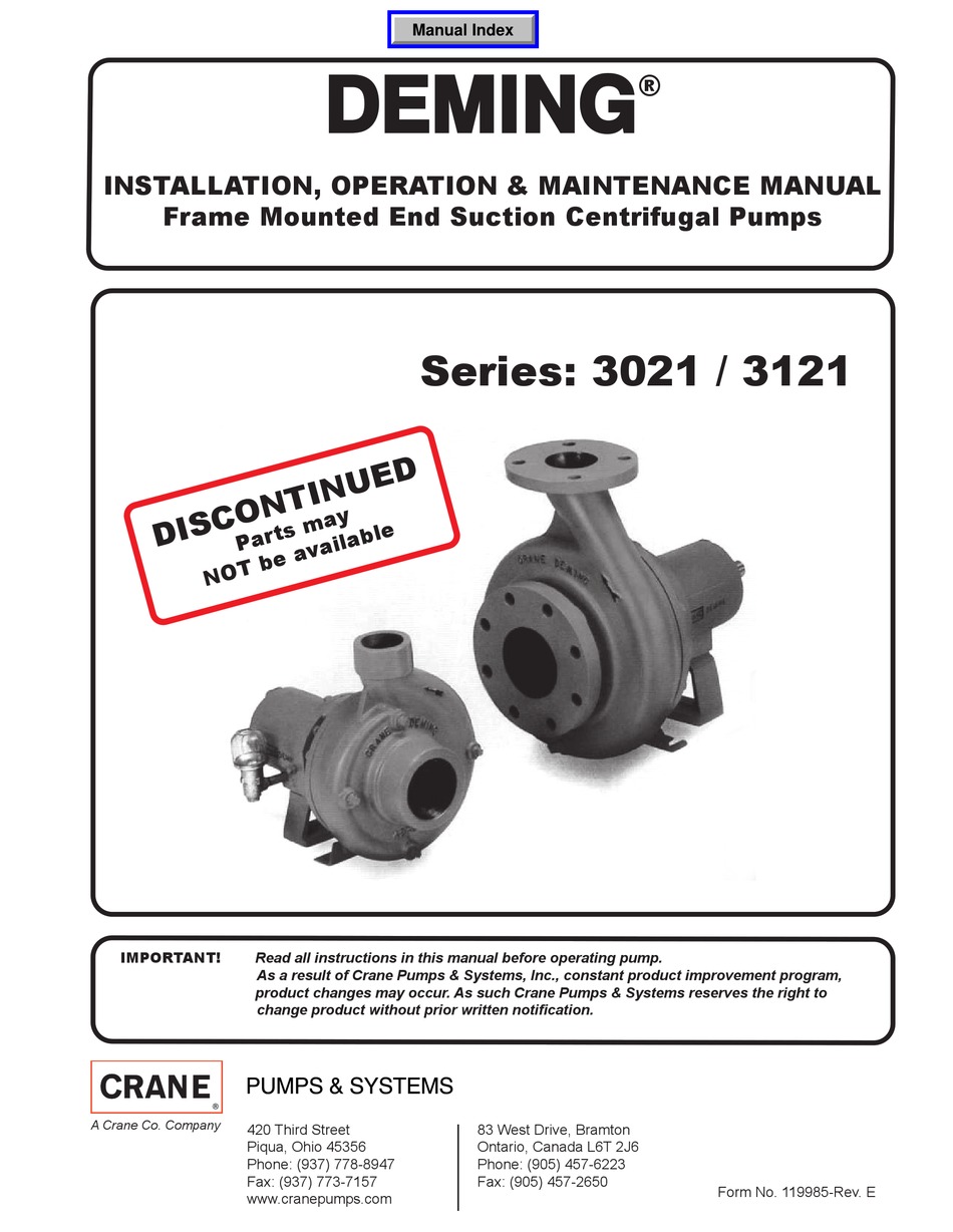 CRANE PUMPS & SYSTEMS DEMING 3021 SERIES INSTALLATION, OPERATION AND