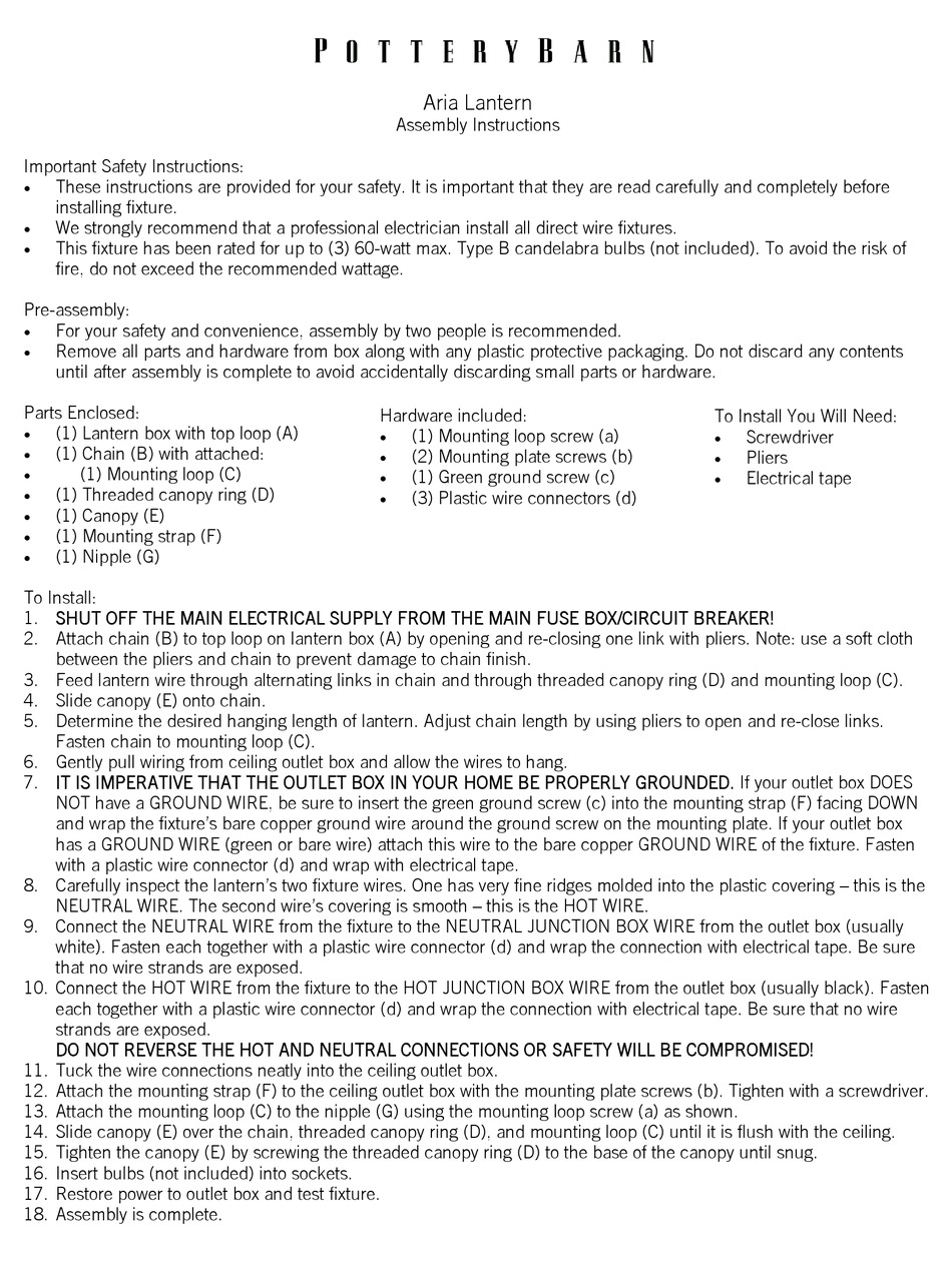 POTTERY BARN ARIA LANTERN ASSEMBLY INSTRUCTIONS Pdf Download ManualsLib