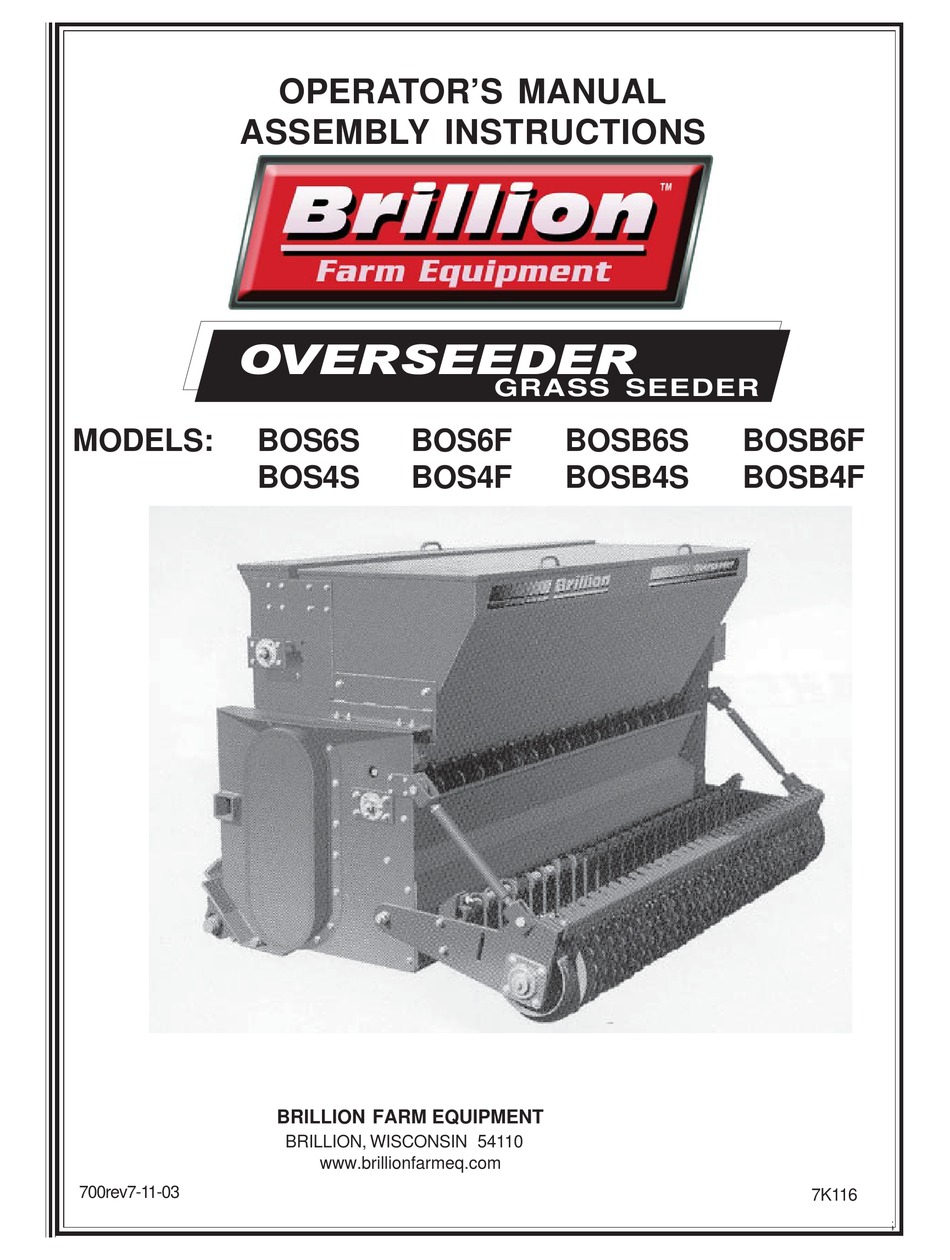 BRILLION OVERSEEDER OPERATOR S MANUAL ASSEMBLY INSTRUCTIONS Pdf 