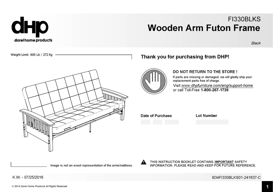 Dhp Wooden Arm Futon Frame Fi330blks, Futon Bed Assembly Instructions