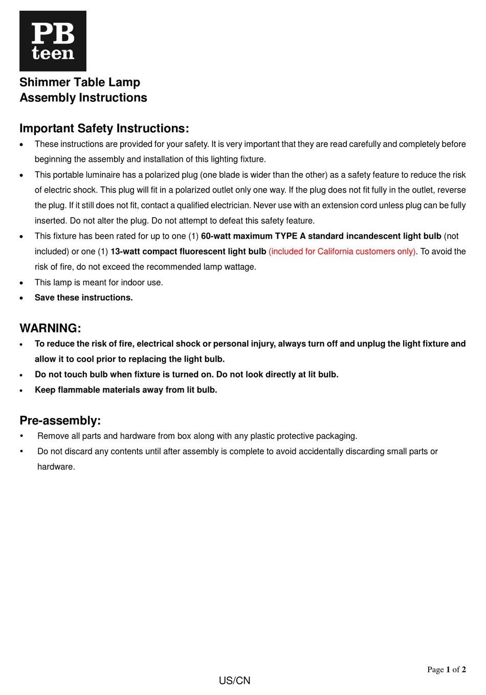 PBTEEN SHIMMER ASSEMBLY INSTRUCTIONS Pdf Download ManualsLib