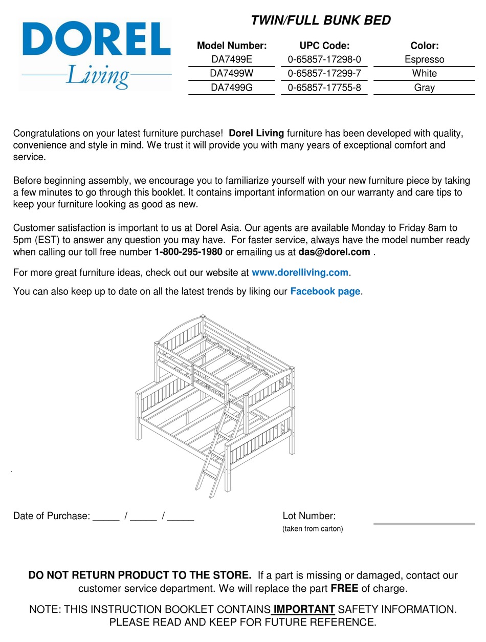 Dorel Living Twin Full Bunk Bed Da7499e, Dorel Twin Over Full Bunk Bed Assembly Instructions