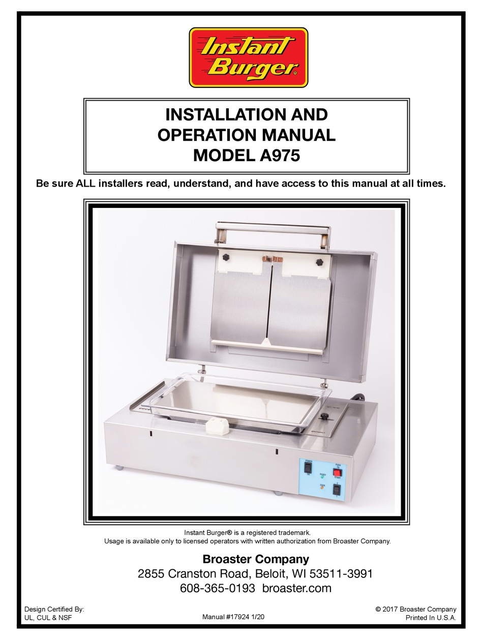 INSTANT BURGER A975 INSTALLATION AND OPERATION MANUAL Pdf Download