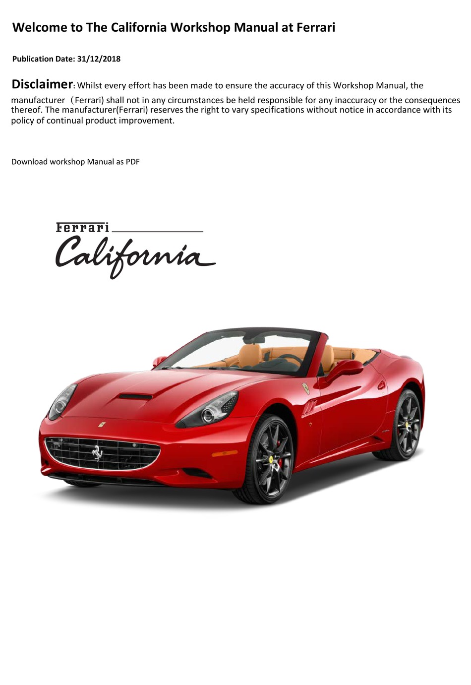 2010 Ferrari California Owners Manual - Other For Ferrari California