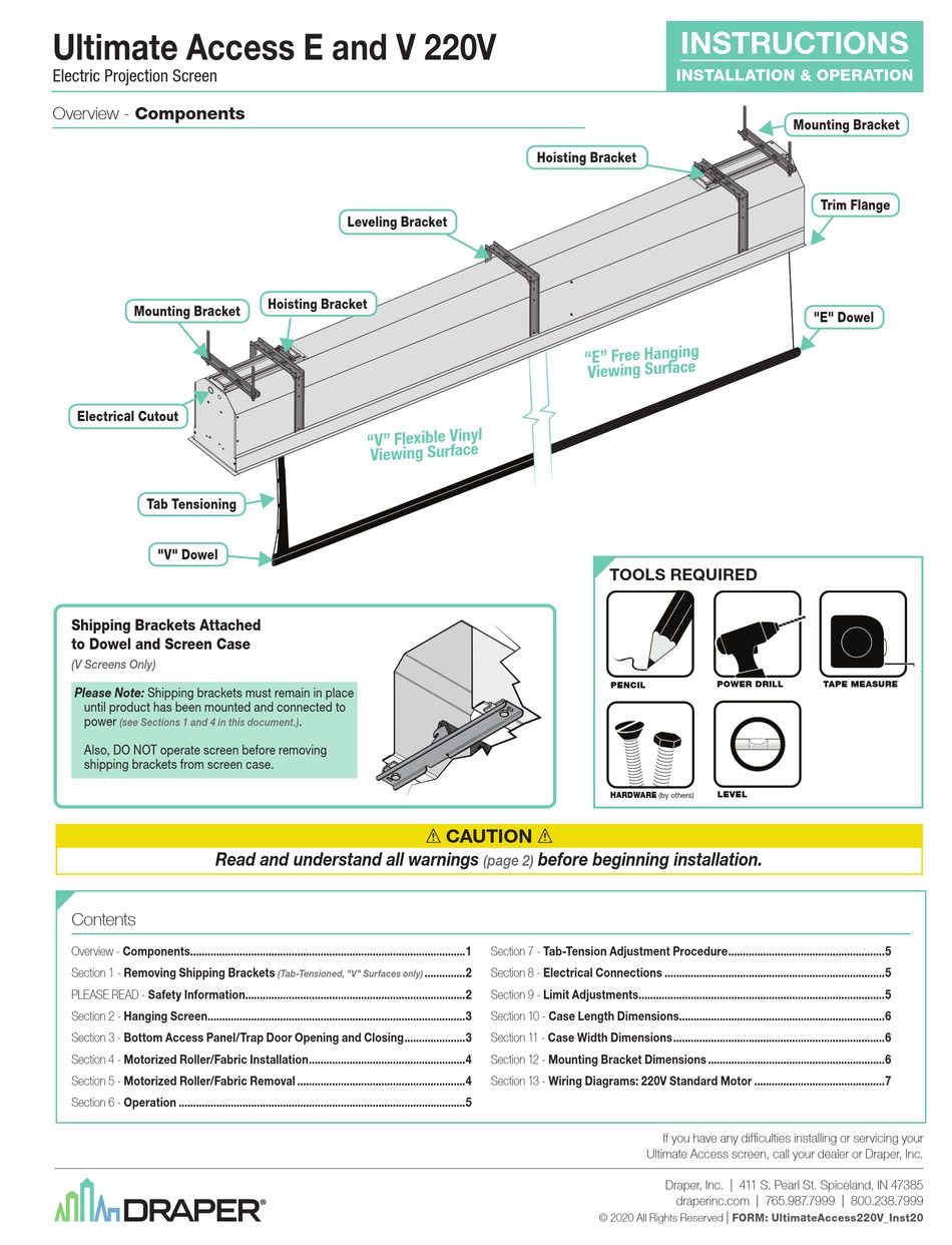DRAPER ULTIMATE ACCESS E INSTRUCTIONS INSTALLATION & OPERATION Pdf