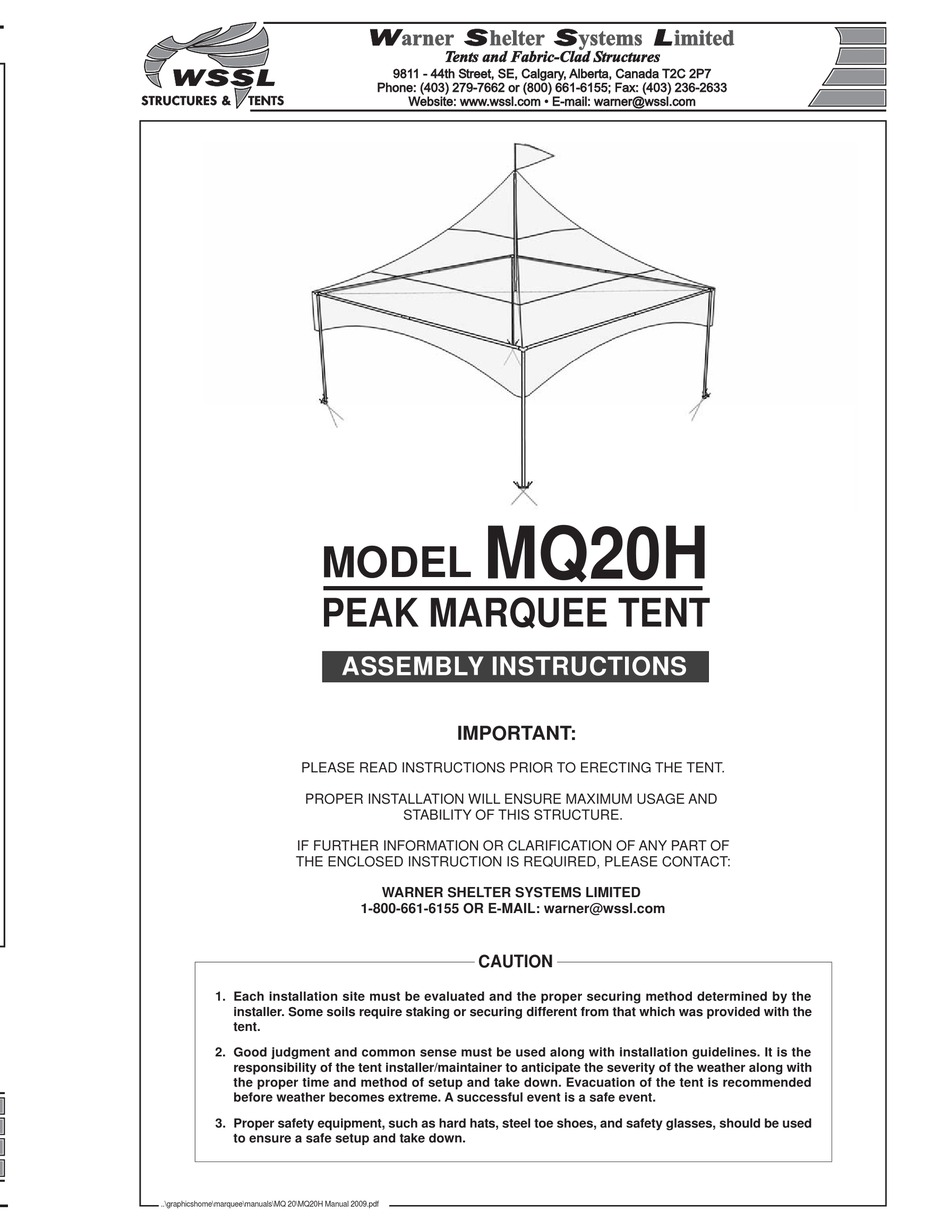 WARNER SHELTER SYSTEMS LIMITED MQ20H ASSEMBLY INSTRUCTIONS MANUAL Pdf