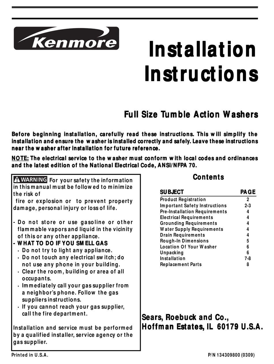 KENMORE 134309800 INSTALLATION INSTRUCTIONS MANUAL Pdf Download ...