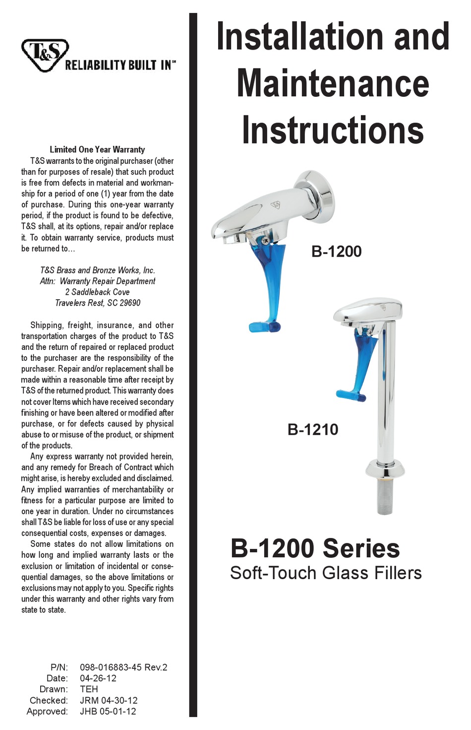 T&S B-1200 SERIES INSTALLATION AND MAINTENANCE INSTRUCTIONS MANUAL Pdf ...