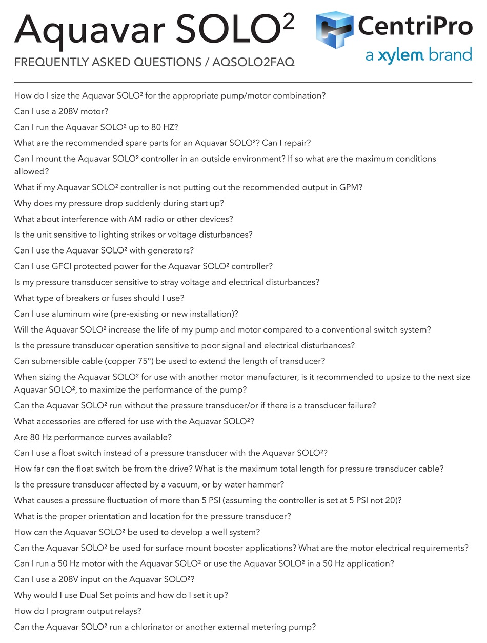 XYLEM CENTRIPRO AQUAVAR SOLO 2 FREQUENTLY ASKED QUESTIONS Pdf Download