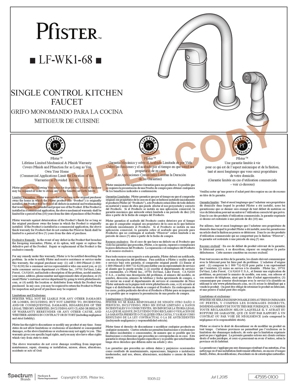 PFISTER LFWK168 INSTALLATION INSTRUCTIONS MANUAL Pdf Download ManualsLib