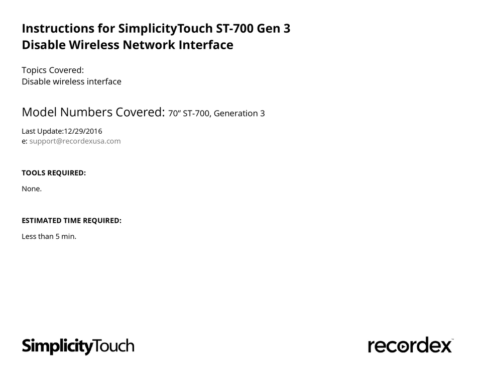 RECORDEX SIMPLICITYTOUCH ST700 INSTRUCTIONS MANUAL Pdf Download