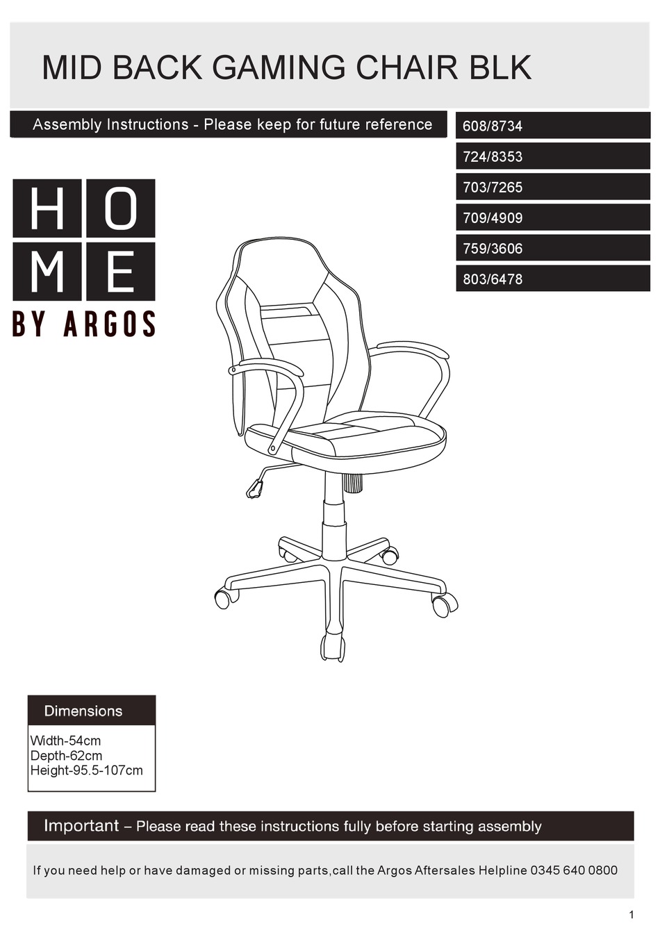 ARGOS HOME MID BACK GAMING CHAIR BLK 608/8734 ASSEMBLY INSTRUCTIONS MANUAL Pdf Download ManualsLib