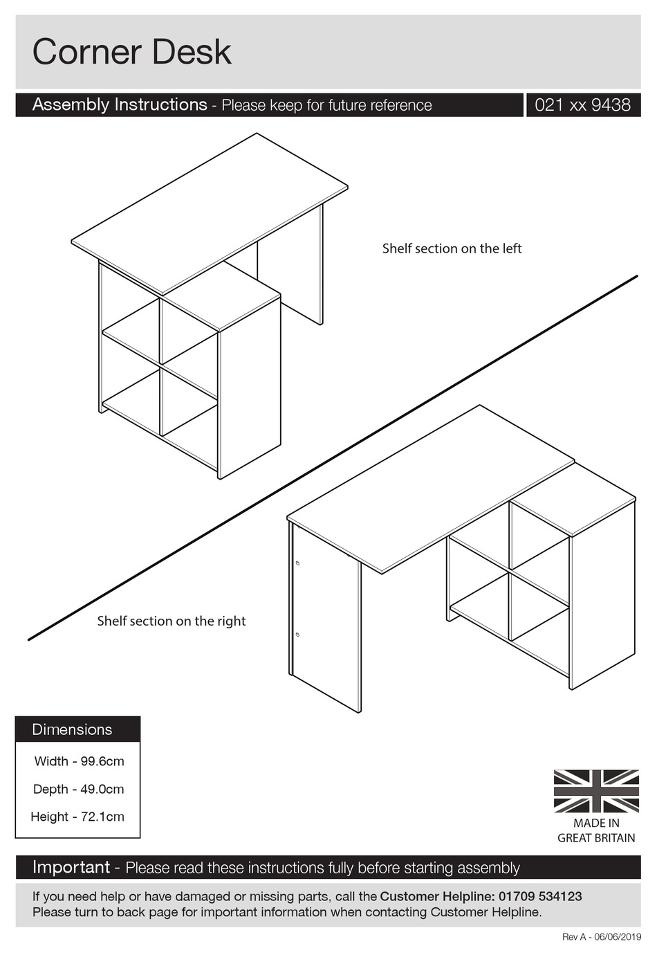 JD WILLIAMS CORNER DESK 021 9438 SERIES ASSEMBLY INSTRUCTIONS MANUAL