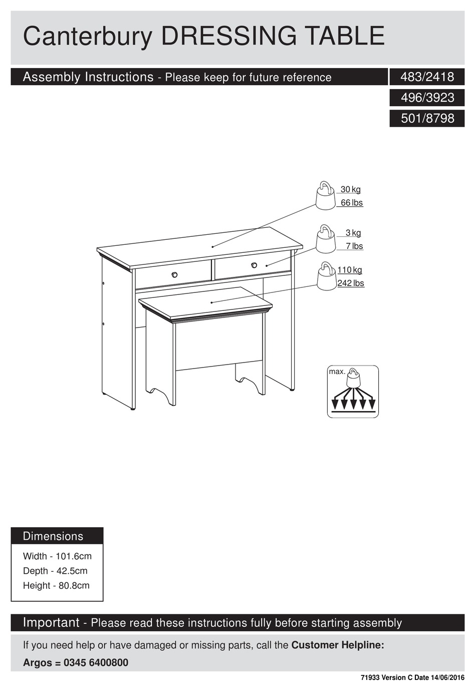 ARGOS HOME CANTERBURY DRESSING TABLE 483/2418 ASSEMBLY INSTRUCTIONS
