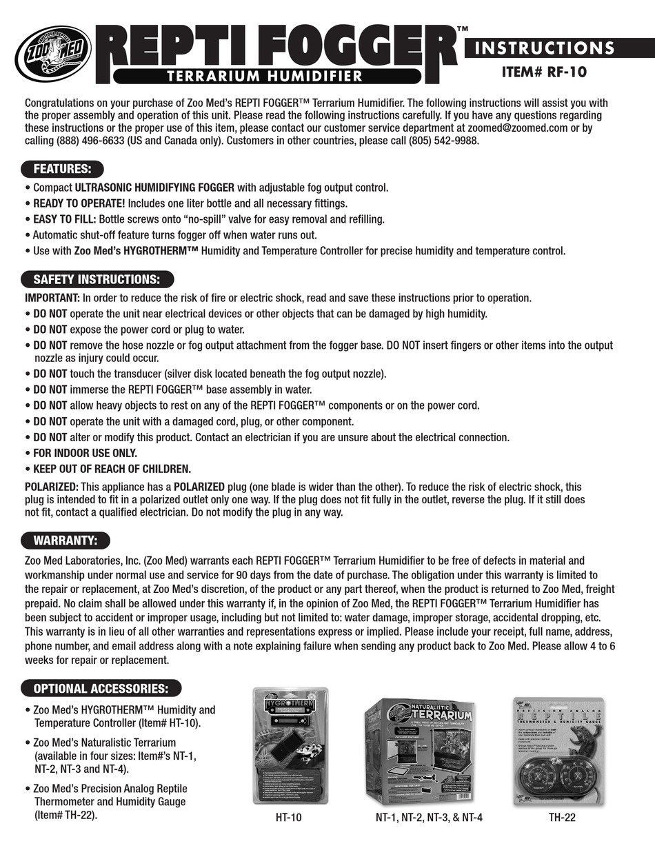 ZOO MED REPTI FOGGER RF10 INSTRUCTIONS Pdf Download ManualsLib