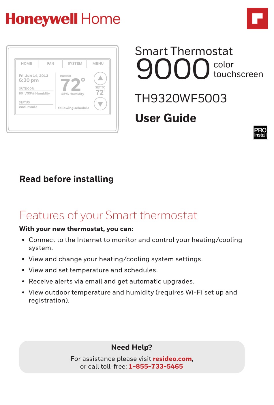 HONEYWELL HOME SMART THERMOSTAT 9000 COLOR TOUCHSCREEN USER MANUAL Pdf