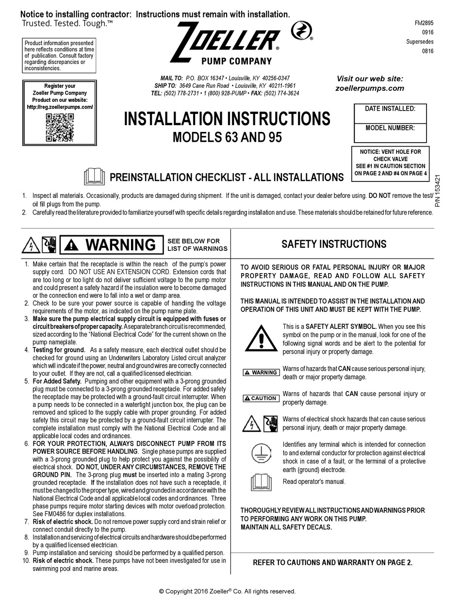 ZOELLER 63 INSTALLATION INSTRUCTIONS MANUAL Pdf Download | ManualsLib