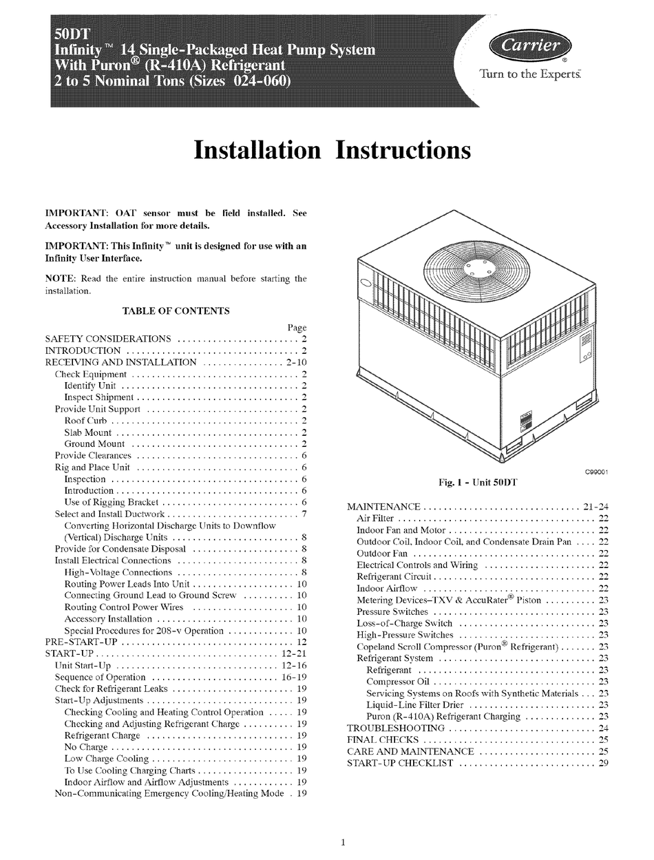 CARRIER INFINITY 50DT SERIES INSTALLATION INSTRUCTIONS MANUAL Pdf ...