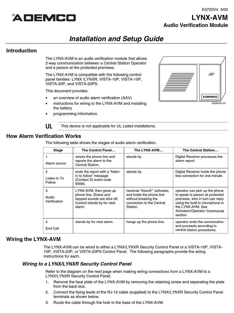 ADEMCO LYNXAVM INSTALLATION AND SETUP MANUAL Pdf Download ManualsLib